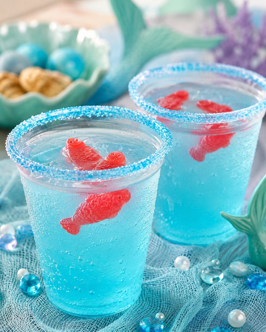 Two plastic cups of blue drink with blue sugar rims and red gummy fish candies inside, surrounded by ocean-themed decorations like seashells, marbles, and a mermaid tail.