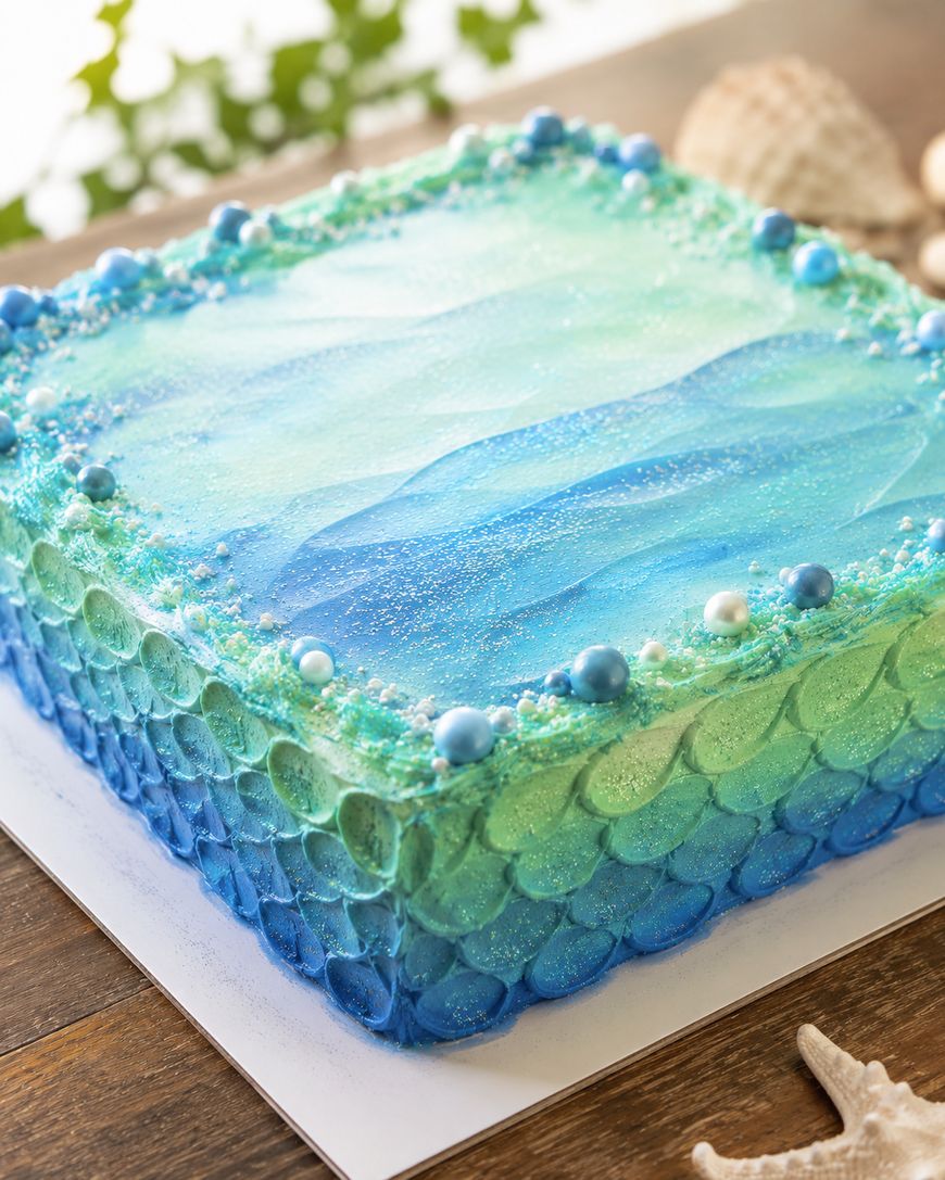 A square cake decorated with blue and green frosting resembling ocean waves, topped with pearl-like candies and surrounded by a scalloped, scale-like edge; seashells are in the background.