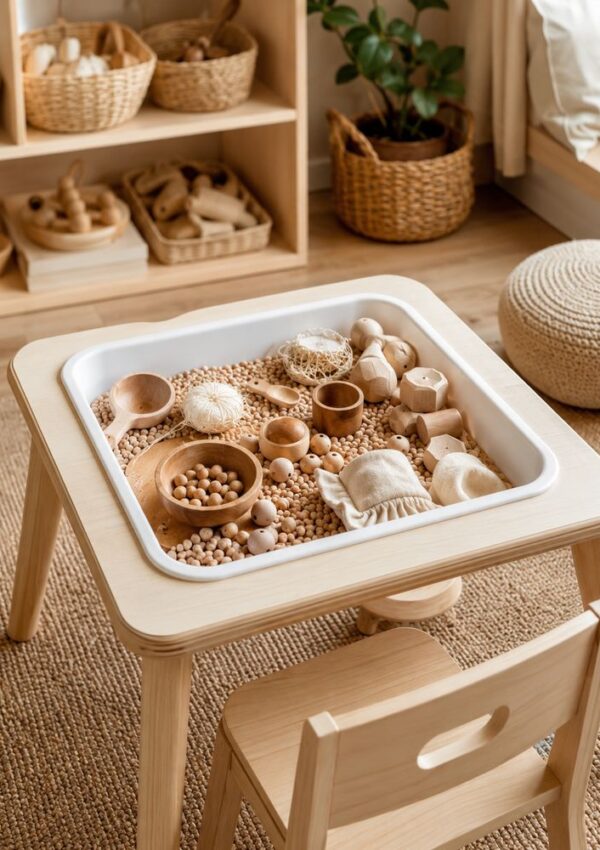 A wooden sensory table filled with natural materials like wooden beads, bowls, shells, and textured objects, set in a cozy, light-filled playroom with baskets and wooden shelves in the background.