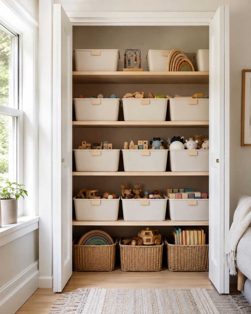 An organized closet with shelves holding white bins and baskets filled with wooden toys, puzzles, and plush animals. Natural light enters from a nearby window, and a plant sits on the windowsill.