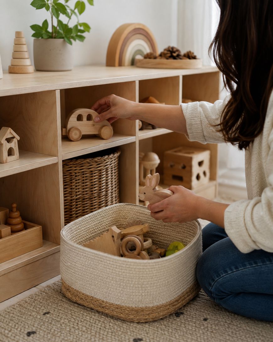 A woman organizes wooden toys on a shelf and in a woven basket in a cozy, well-lit room with natural decor.