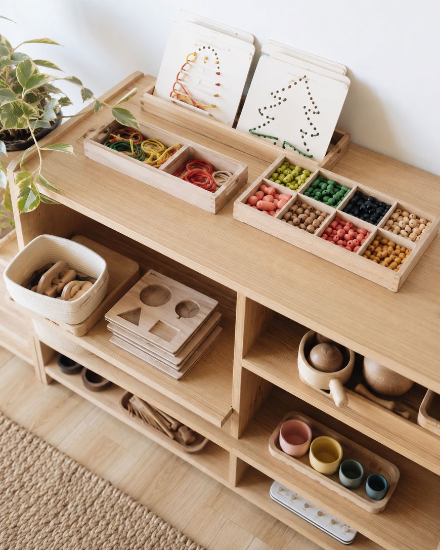 A wooden shelf holds Montessori toys, colored beads in trays, shape puzzles, a plant, wooden kitchenware, and small cups, organized neatly for childrens activities.