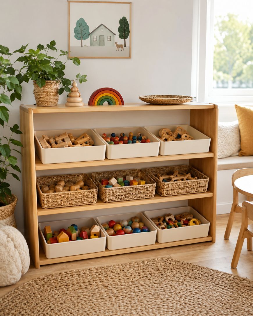 Wooden shelf with baskets and bins holding various wooden toys, blocks, and balls. A plant, rainbow decor, and framed picture sit on top. Cozy, sunlit playroom with a window, chair, and cushions nearby.