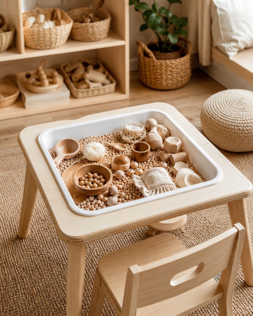 A sensory table with wooden toys, scoops, and small objects sits on a woven rug in a cozy, light-filled room with shelves, baskets, and natural wooden decor.
