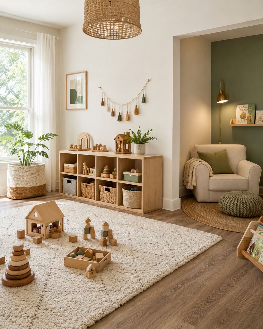 A cozy, sunlit playroom with wooden toys on a textured rug, open shelves holding baskets, plants, and decor, plus a reading nook with an armchair, pillows, books, and a floor lamp.