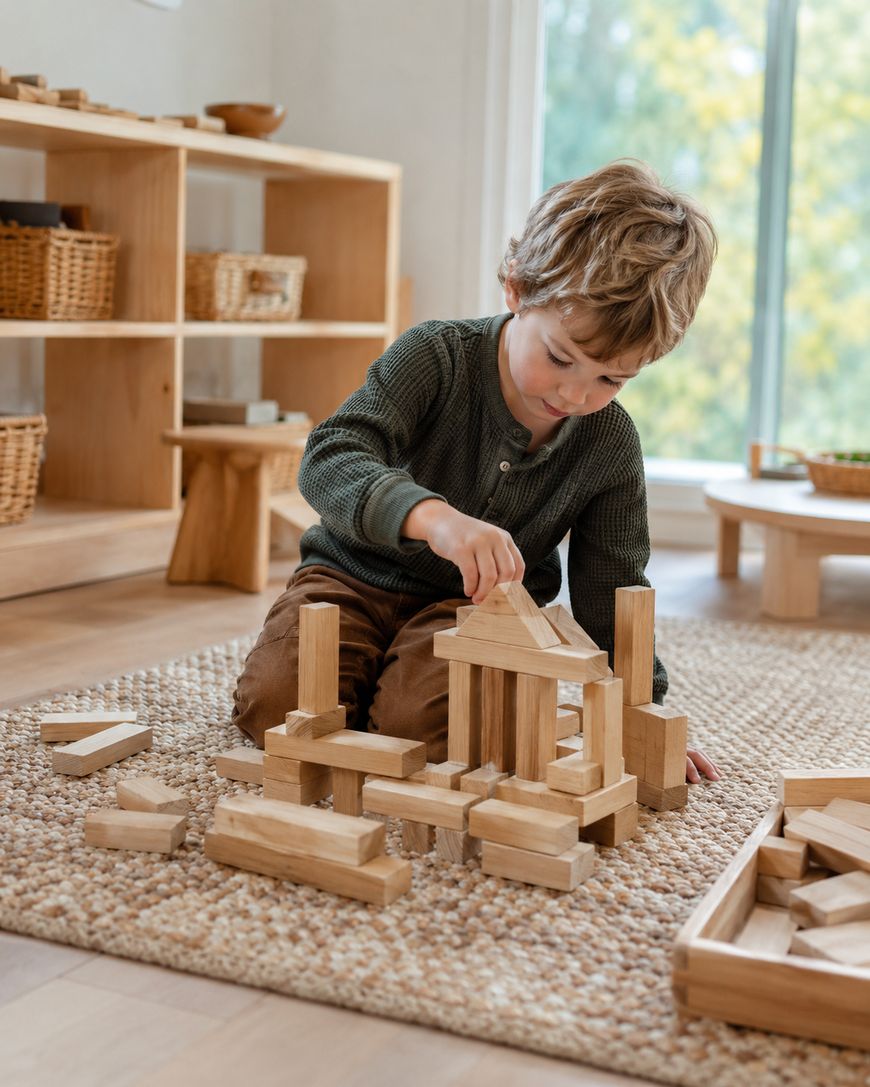 A young child sits on a rug, building a structure with wooden blocks. Shelves with baskets and toys are in the background, and sunlight streams in through a large window.