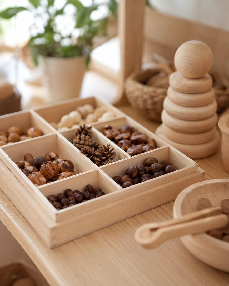 A wooden tray with compartments holds assorted natural items like nuts and pinecones. Wooden toys and bowls sit nearby on a light wooden table, with a potted plant in the background.