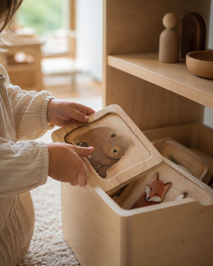 A child holds a wooden card with a bear illustration, selecting from a box of animal cards in a cozy, sunlit room with wooden shelves and toys.