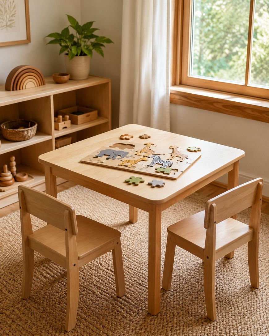 A small wooden table with two chairs sits on a woven rug. A puzzle is in progress on the table. Wooden shelves with toys and a potted plant are in the background, and sunlight streams through a window.