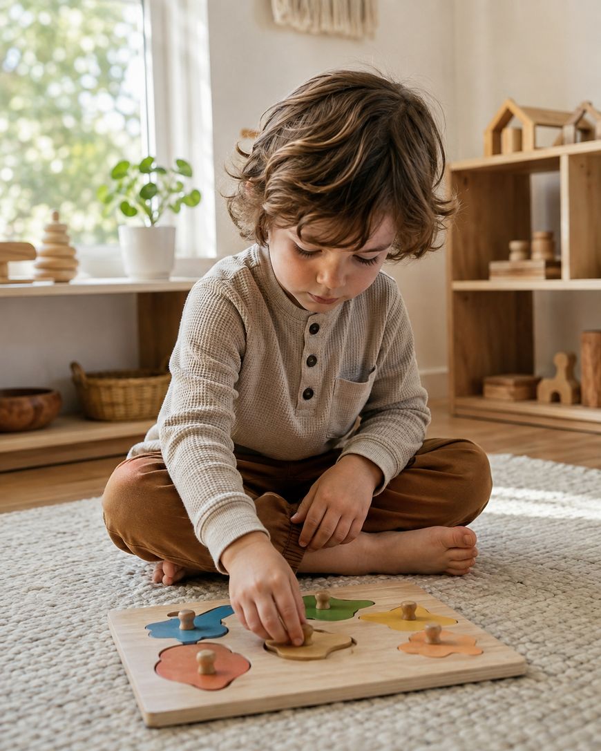 A young child sits on a rug, focused on placing pieces in a wooden puzzle. Natural light fills the cozy room, which has shelves with wooden toys and a plant by the window.
