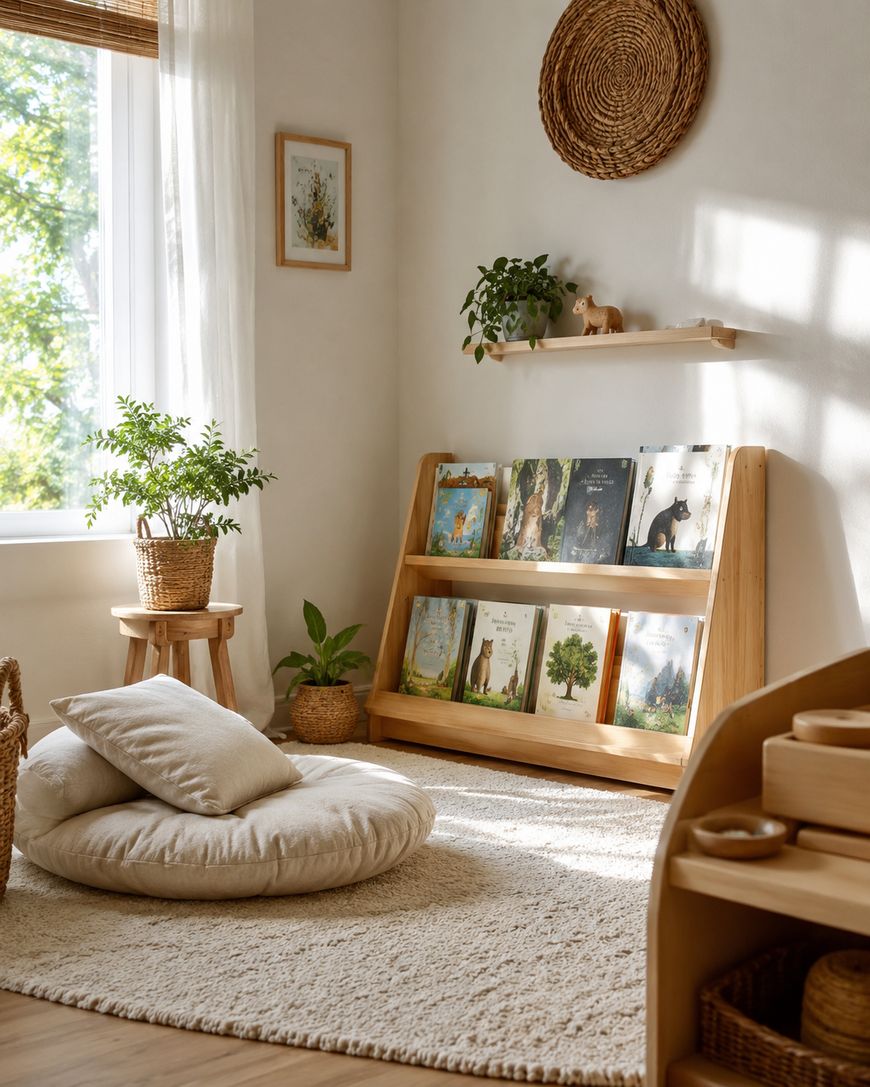 Cozy reading nook with a soft floor cushion, rug, low bookshelf with childrens books, potted plants, wall art, and a window letting in natural light. The decor features warm wood and neutral tones.