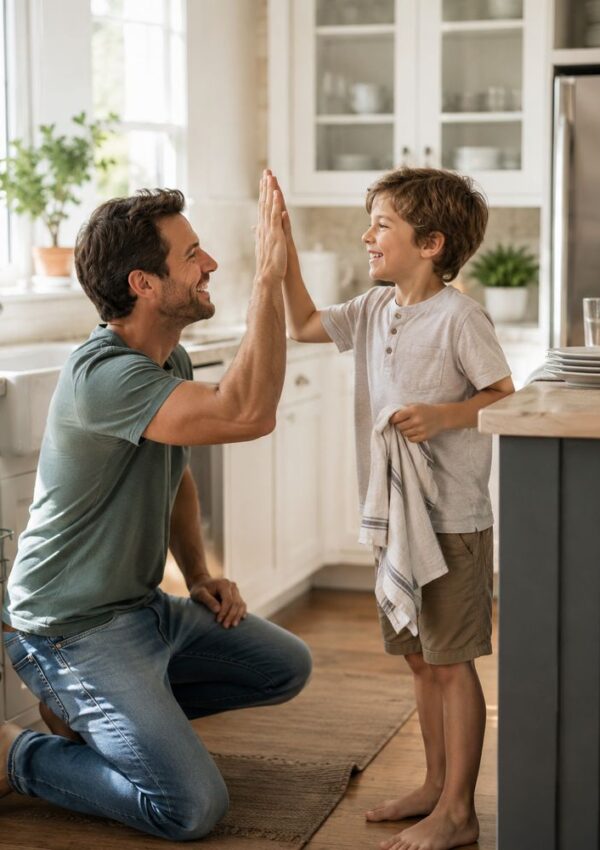 A man kneels in a kitchen, giving a high five to a smiling boy who is holding a dish towel. They appear to be celebrating after finishing the dishes together.