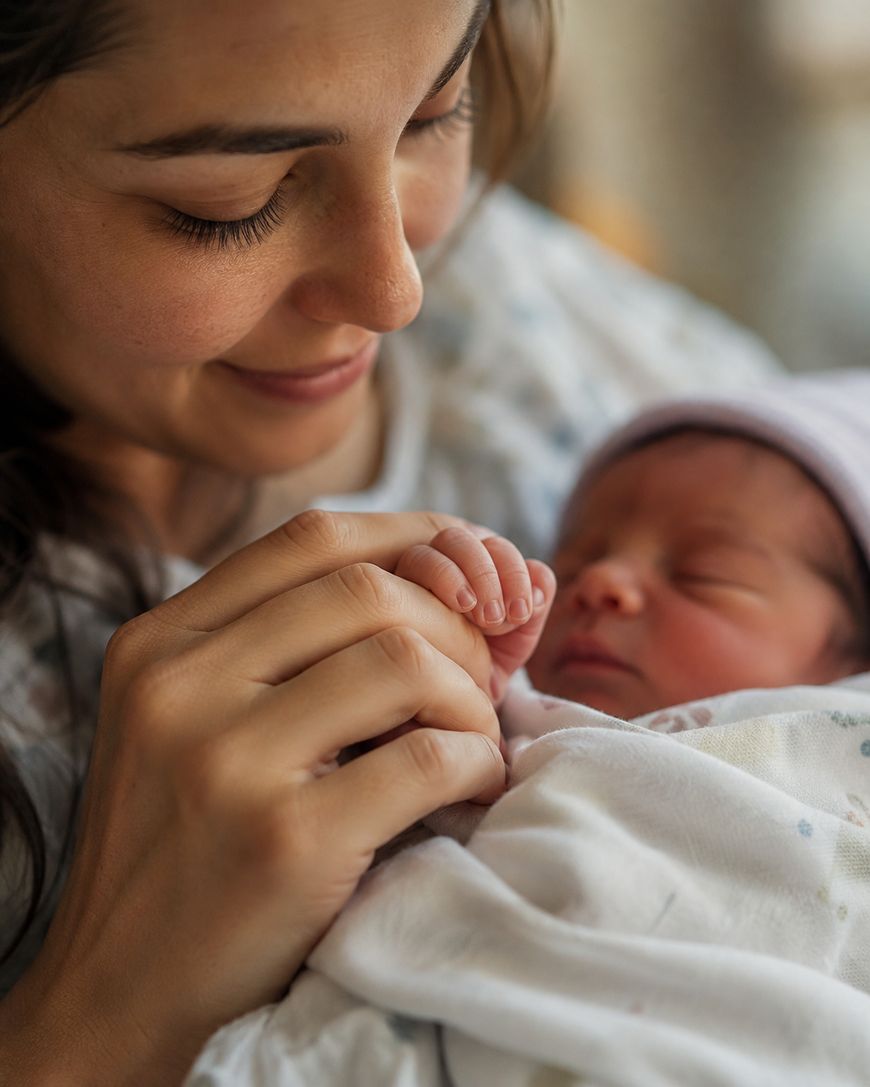 A newborn baby asleep with an adult hand resting gently on their head.