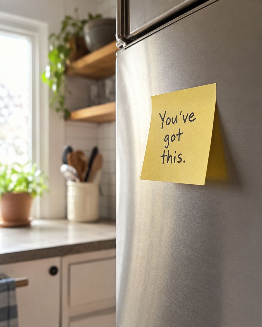 A yellow sticky note reading you got it on a kitchen counter beside a pen pot.