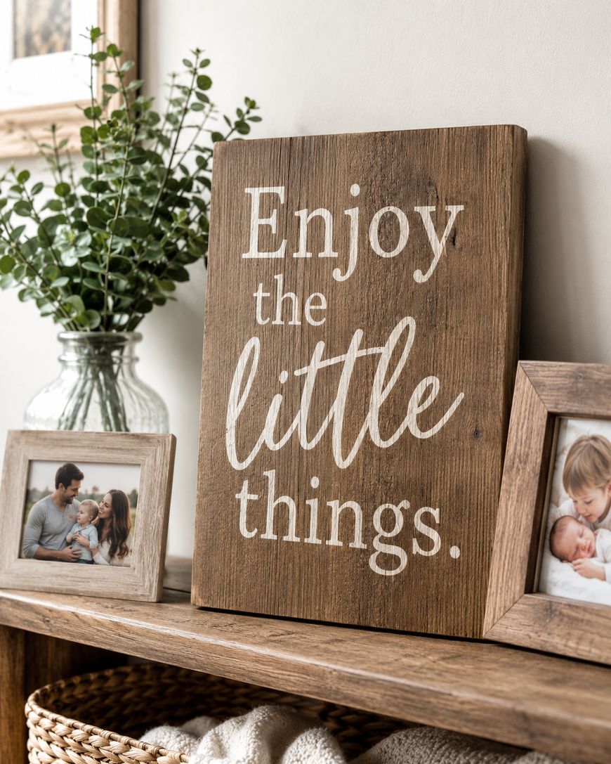A wooden sign reading the little, propped on a shelf beside a vase of dried flowers.