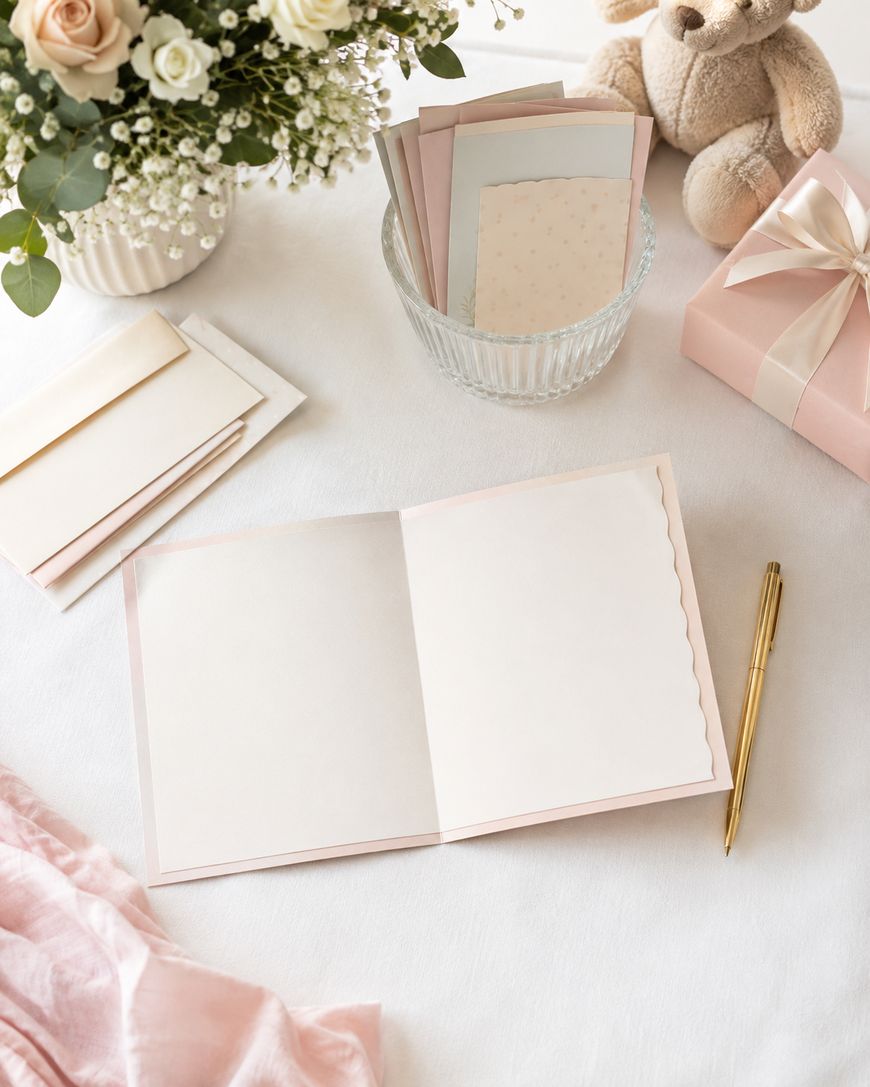 An open blank notebook and a pen on a pale surface.