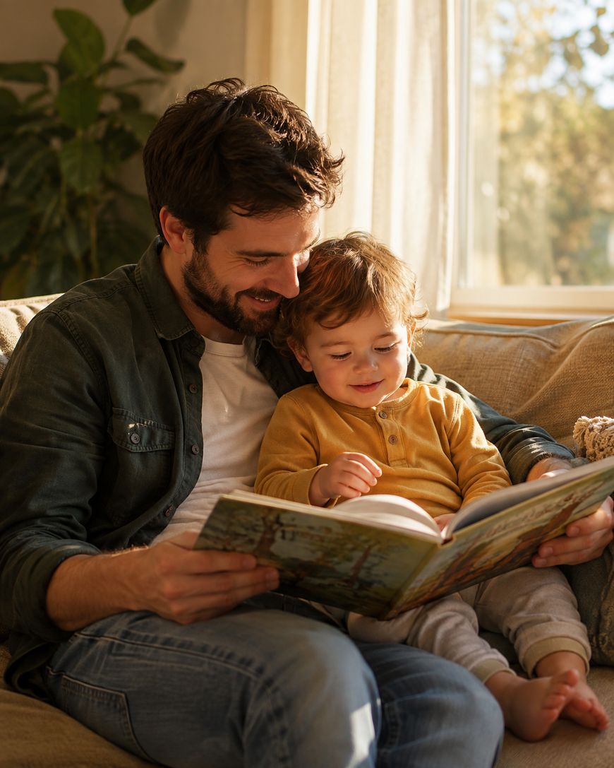 A father laughing with his toddler on a sofa.