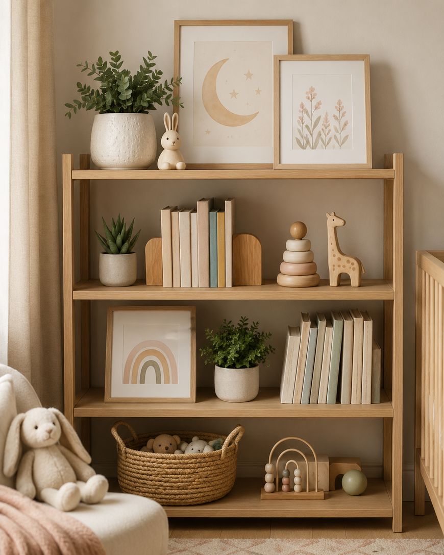 A nursery shelf with wooden toys, books and a stacking ring set.