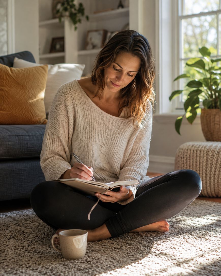 A woman writing in a journal on her lap in a sunlit room.