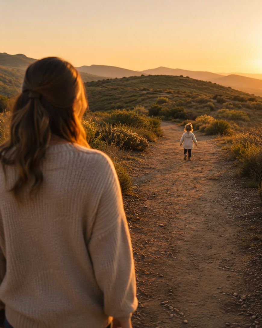 A woman watching a small child walk ahead of her along a grassy path.
