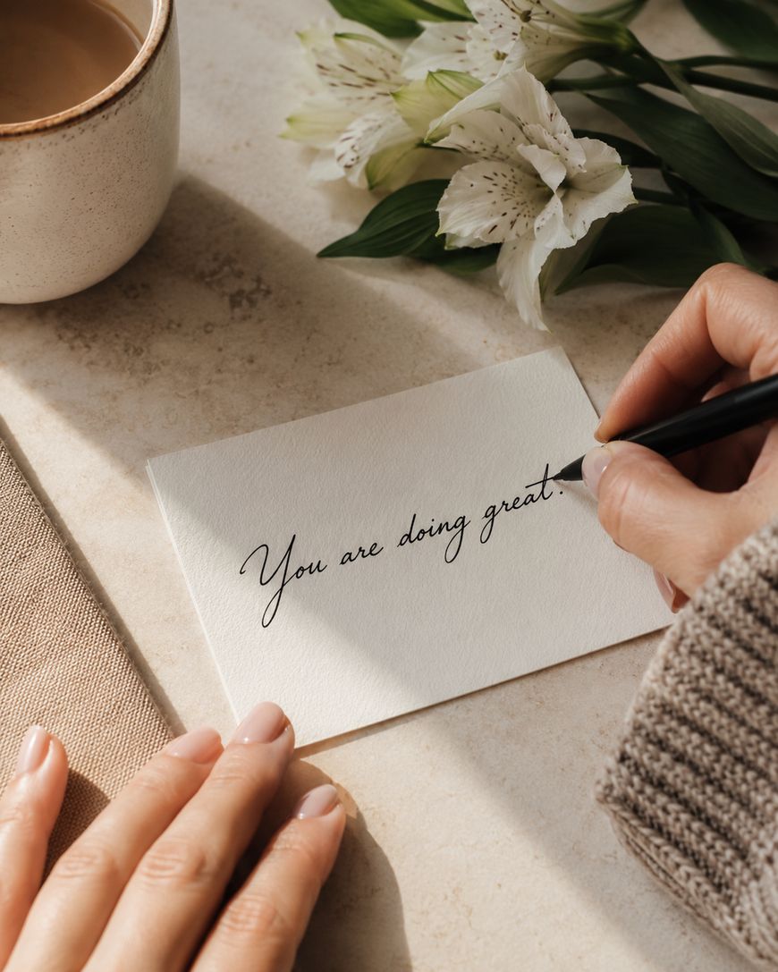 A handwritten card reading you are doing great, with a pen resting on it.
