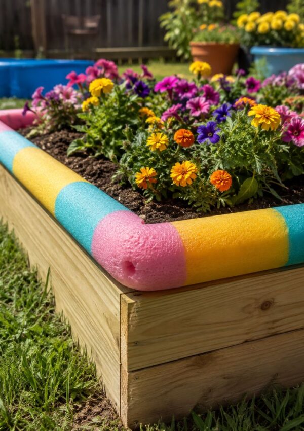 A wooden raised garden bed with colorful flowers. The edge is lined with pink, yellow, and blue pool noodles for safety, sitting on green grass in a sunny backyard.