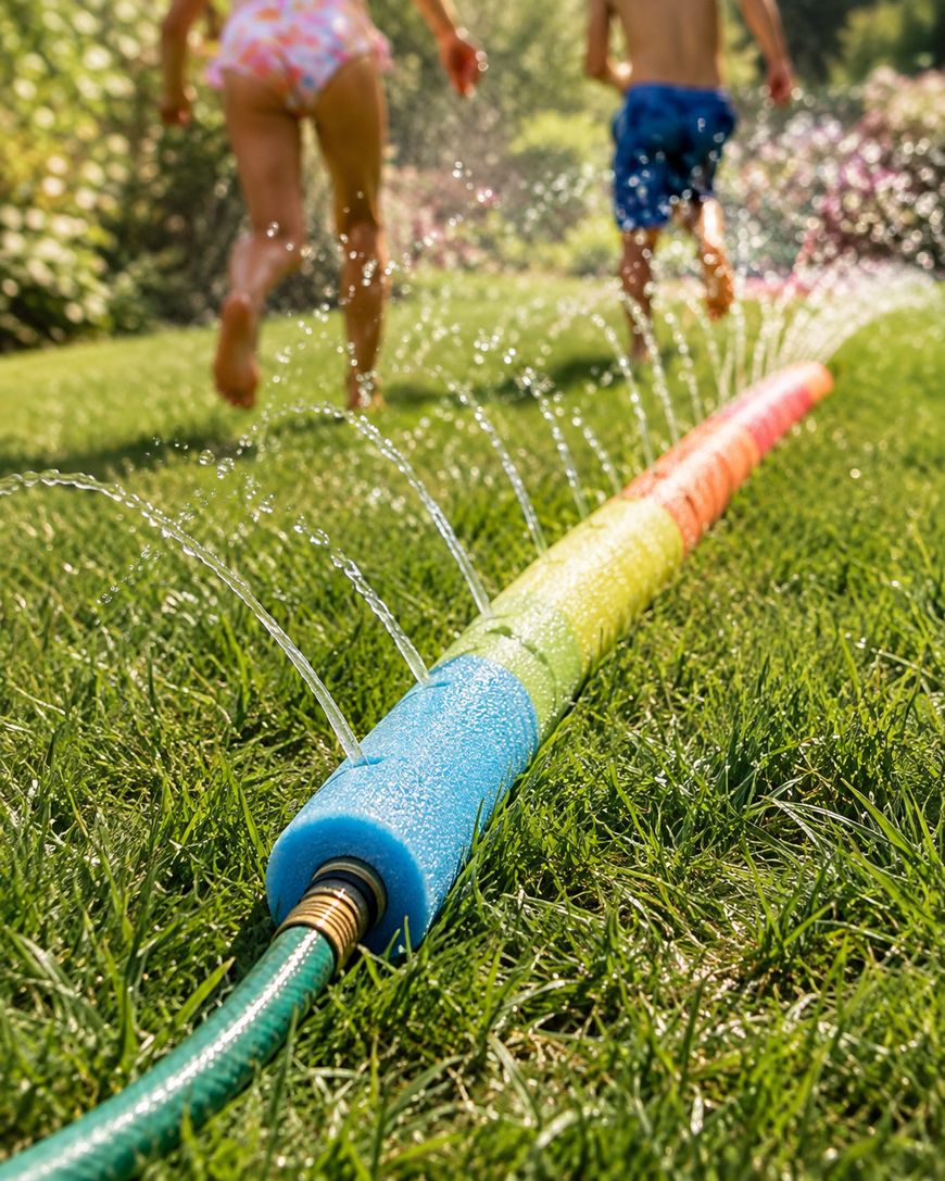 Two children run toward a colorful homemade sprinkler made from a pool noodle on a sunny lawn, with streams of water spraying upward from the noodle.