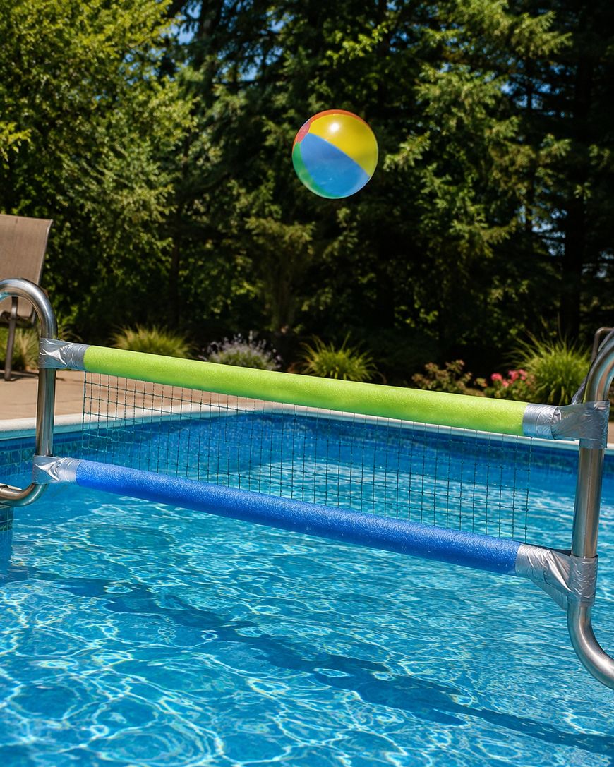 A beach ball hovers above a floating pool volleyball net in a clear blue swimming pool, with green trees and a chair in the background.