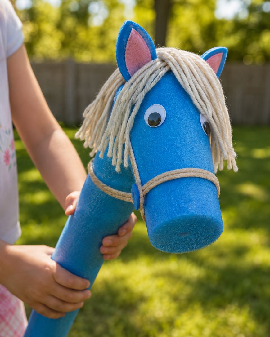 A child holds a blue pool noodle decorated as a horse with yarn hair, felt ears, and googly eyes, outdoors on green grass.