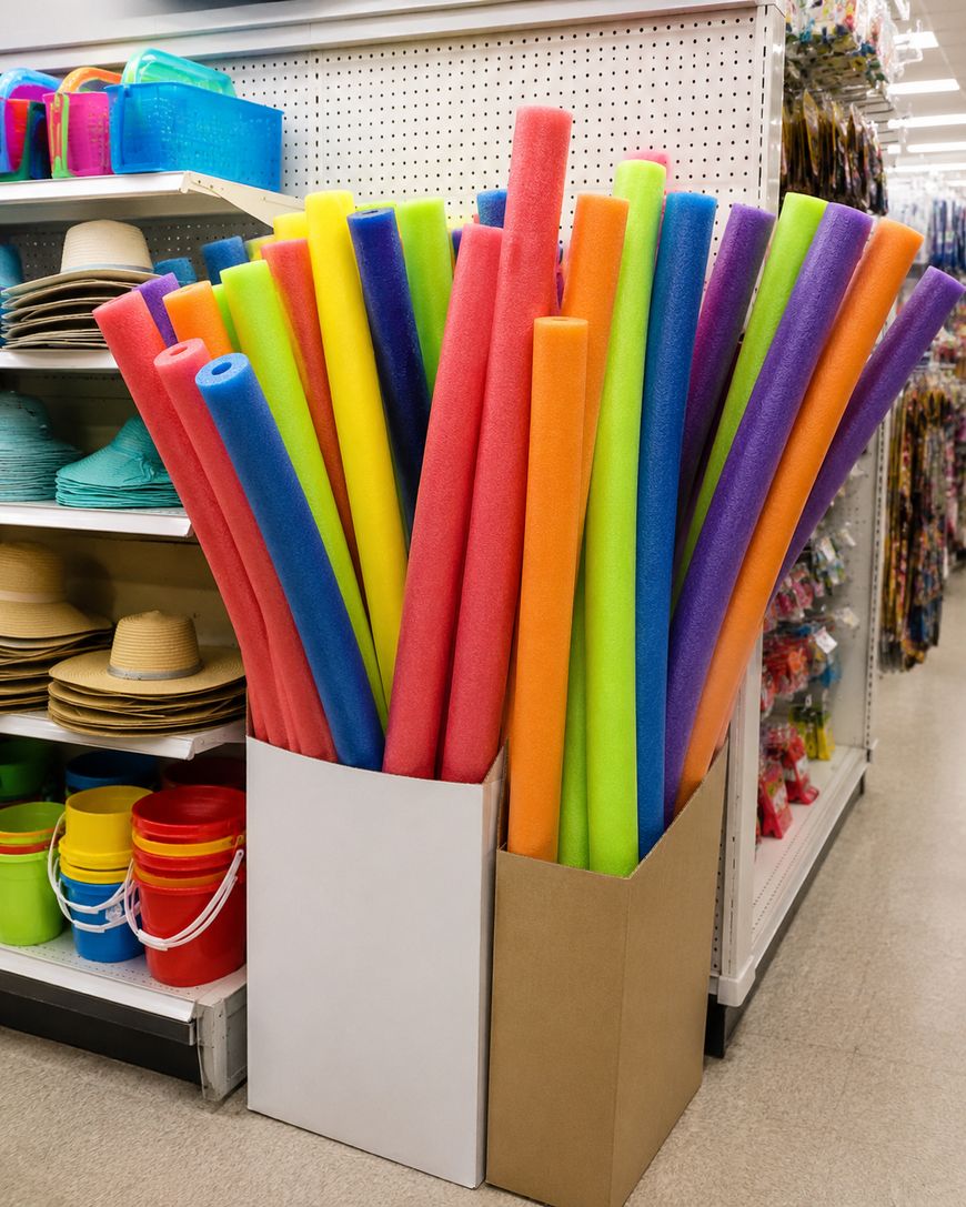 Boxes filled with colorful foam pool noodles are on display in a store aisle next to rows of sun hats and plastic beach buckets.