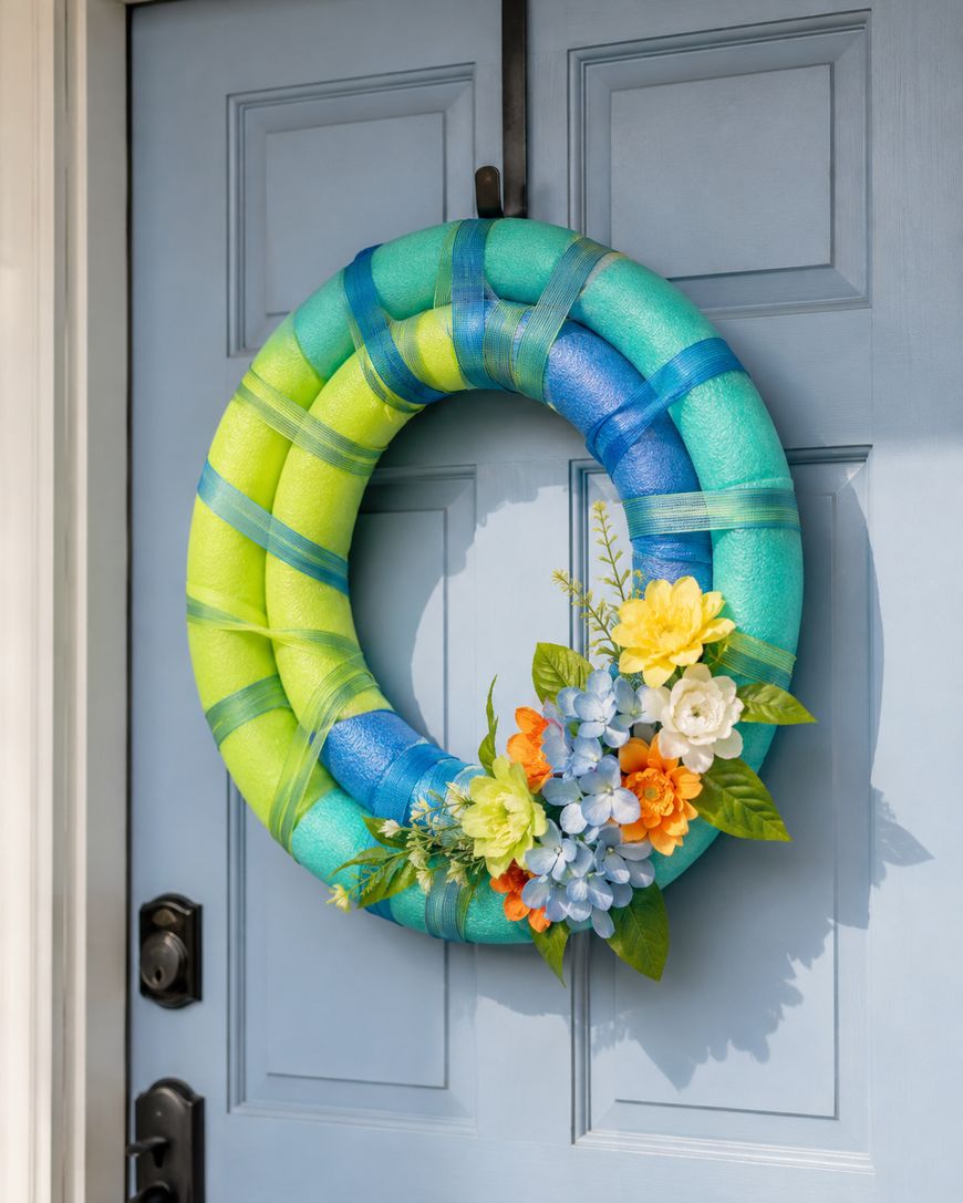 Colorful foam wreath wrapped in blue and green ribbon, decorated with yellow, orange, blue, and white artificial flowers, hanging on a light blue front door.