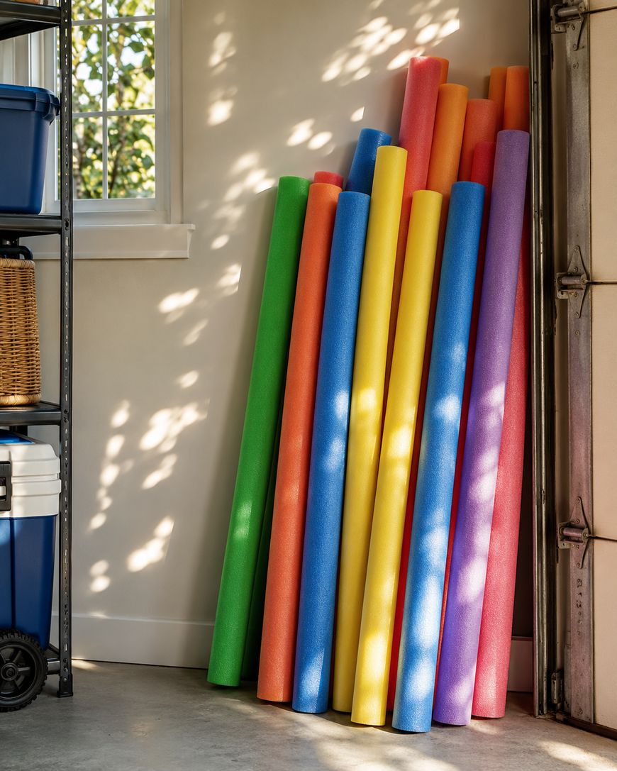 A bundle of colorful pool noodles—green, orange, yellow, blue, purple, and red—lean against a garage wall near a window and metal shelving. Sunlight filters through the window, casting dappled shadows on the wall.
