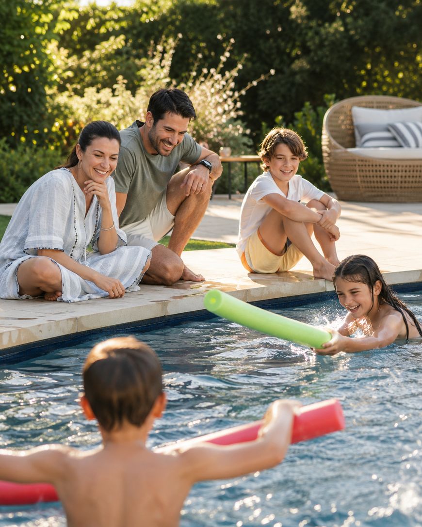 Two adults and two children sit by a pool watching two kids in the water play with pool noodles. The setting is outdoors with green foliage and a wicker chair in the background.