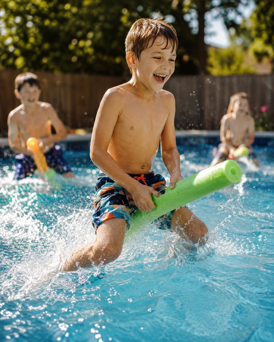 Three children play in a pool on a sunny day. The boy in front is laughing, riding a green pool noodle, and splashing water. Two other kids are in the background, also having fun.