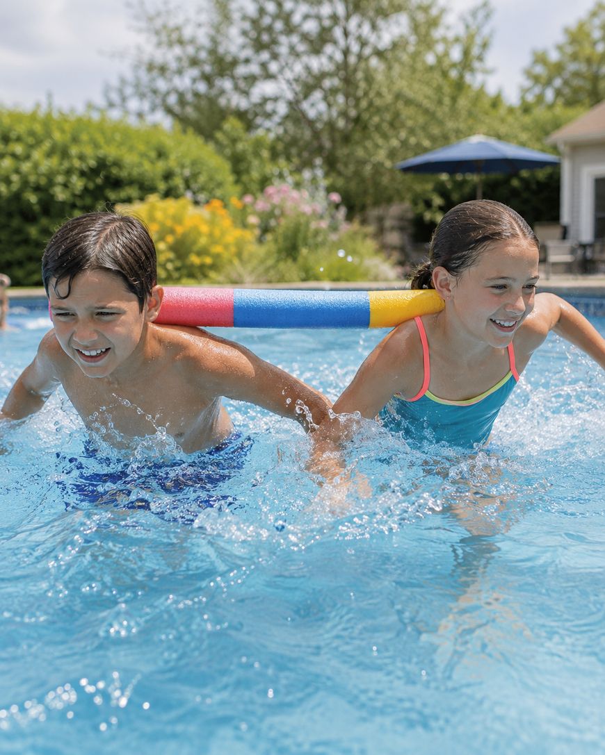 Two smiling children play in a swimming pool, splashing water. A colorful pool noodle rests on their shoulders. Lush greenery and a patio umbrella are visible in the background on a sunny day.
