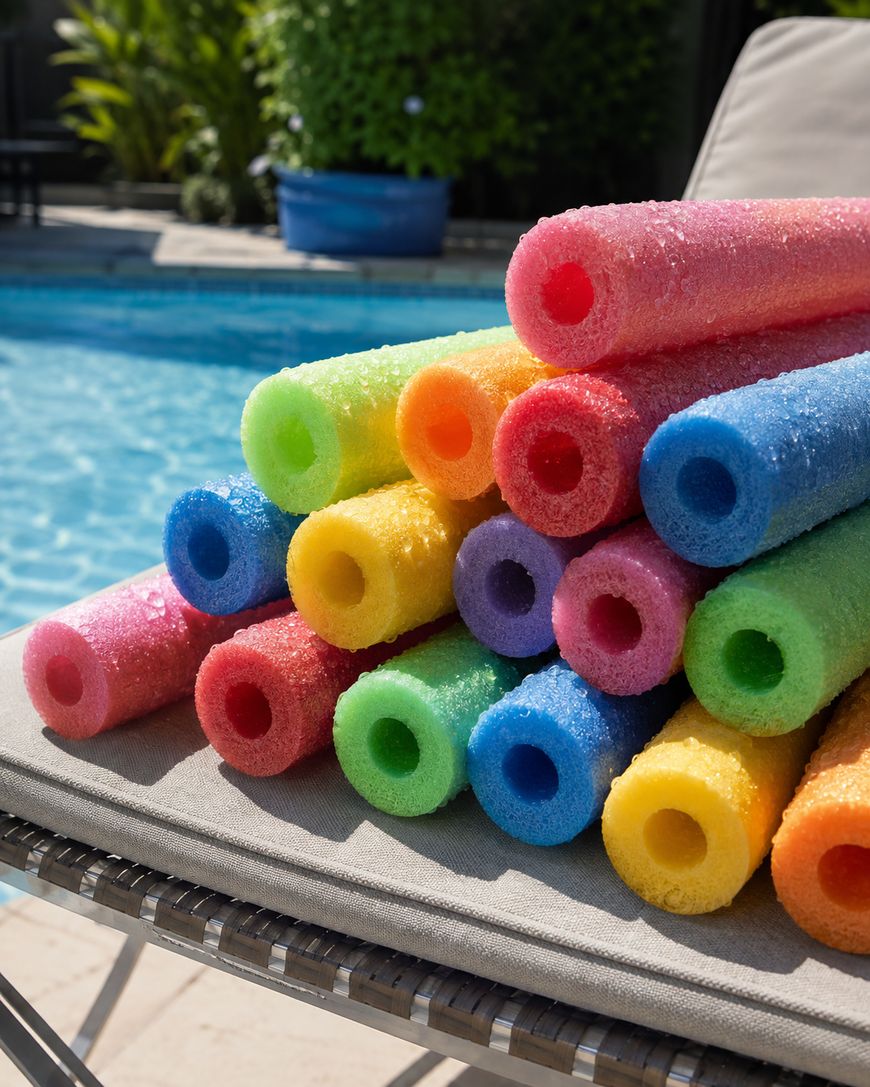 A stack of colorful pool noodles sits on a lounge chair by a swimming pool, with green plants and a blue planter in the background.