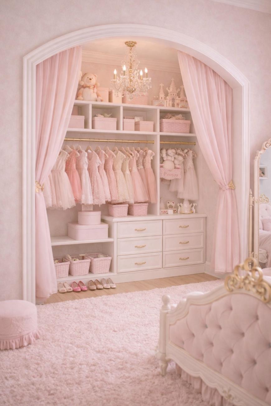 A luxurious, pastel pink girls closet with dresses hanging neatly, shelves with pink boxes, stuffed animals, and crowns. Pink curtains frame the closet, and a chandelier hangs above. The room has plush decor and a tufted bed.