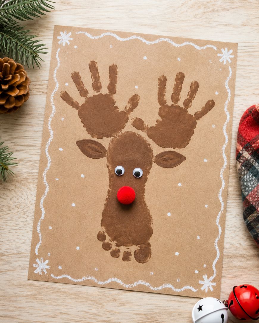 A reindeer made from brown handprints as antlers and a footprint as the face, with googly eyes and a red pom-pom nose on brown paper, decorated with a white border and snowflakes.