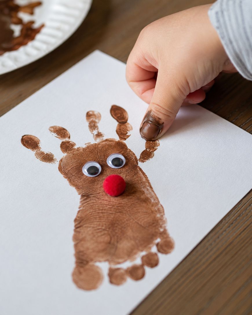 A child creates a reindeer craft by stamping a brown handprint on white paper, adding googly eyes and a red pom-pom nose.