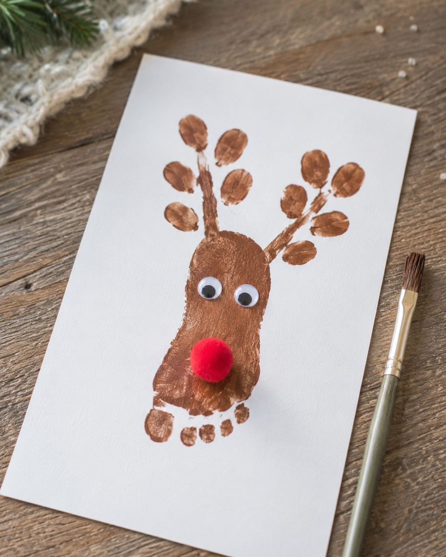 A childs footprint painted brown on paper, decorated with googly eyes, a red pom-pom nose, and antlers made from painted fingerprints, creating a reindeer. A paintbrush rests beside the paper on a wooden surface.