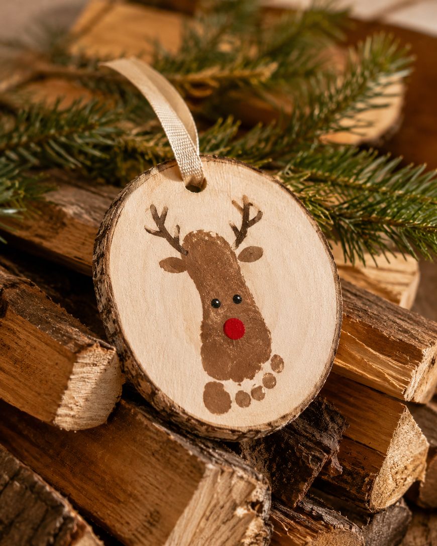 A wooden ornament painted with a reindeer face, using a brown footprint as the head and red nose, hangs by a ribbon. Pine branches and stacked firewood are in the background.