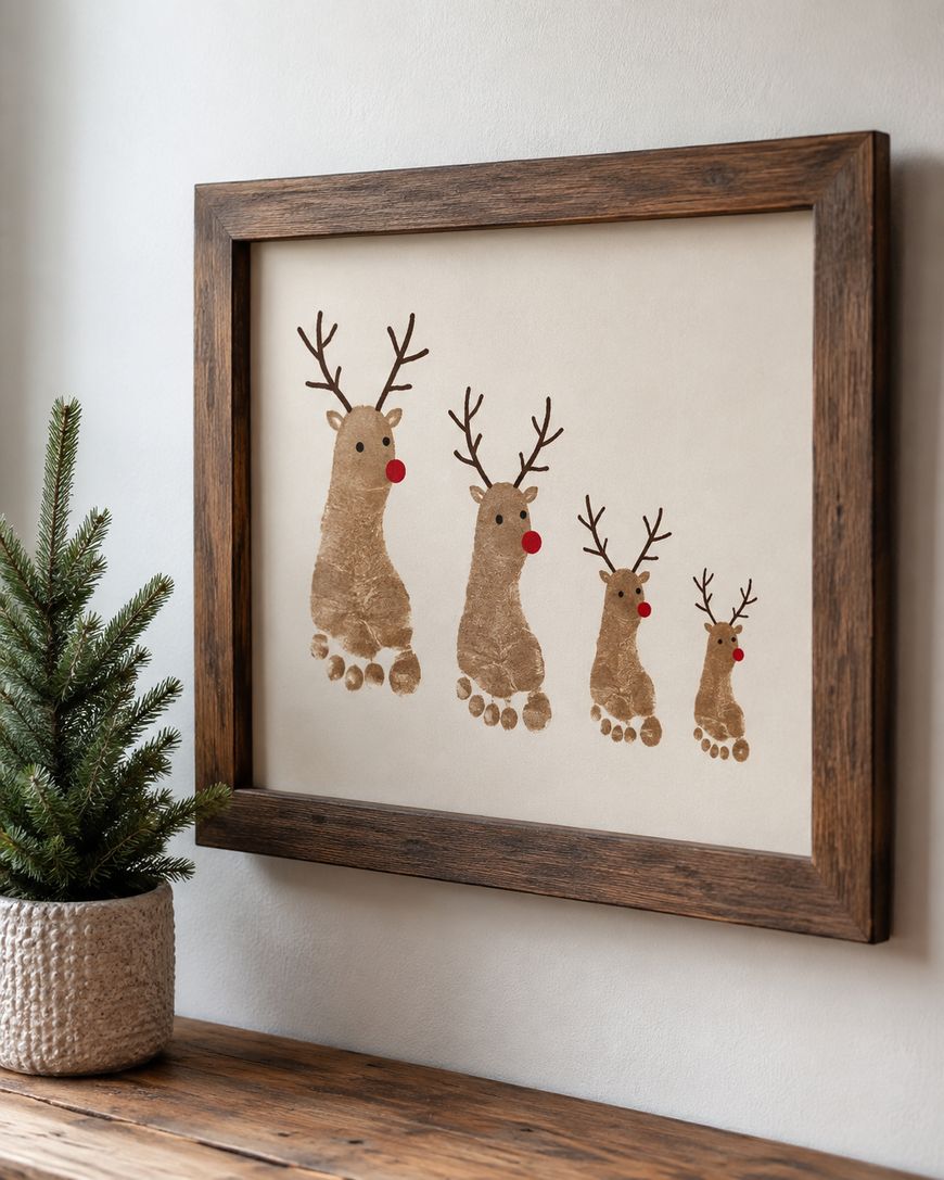 Framed art shows four reindeer, each made from brown painted footprints with red noses and antlers, displayed on a wall above a wooden shelf with a small potted pine plant.