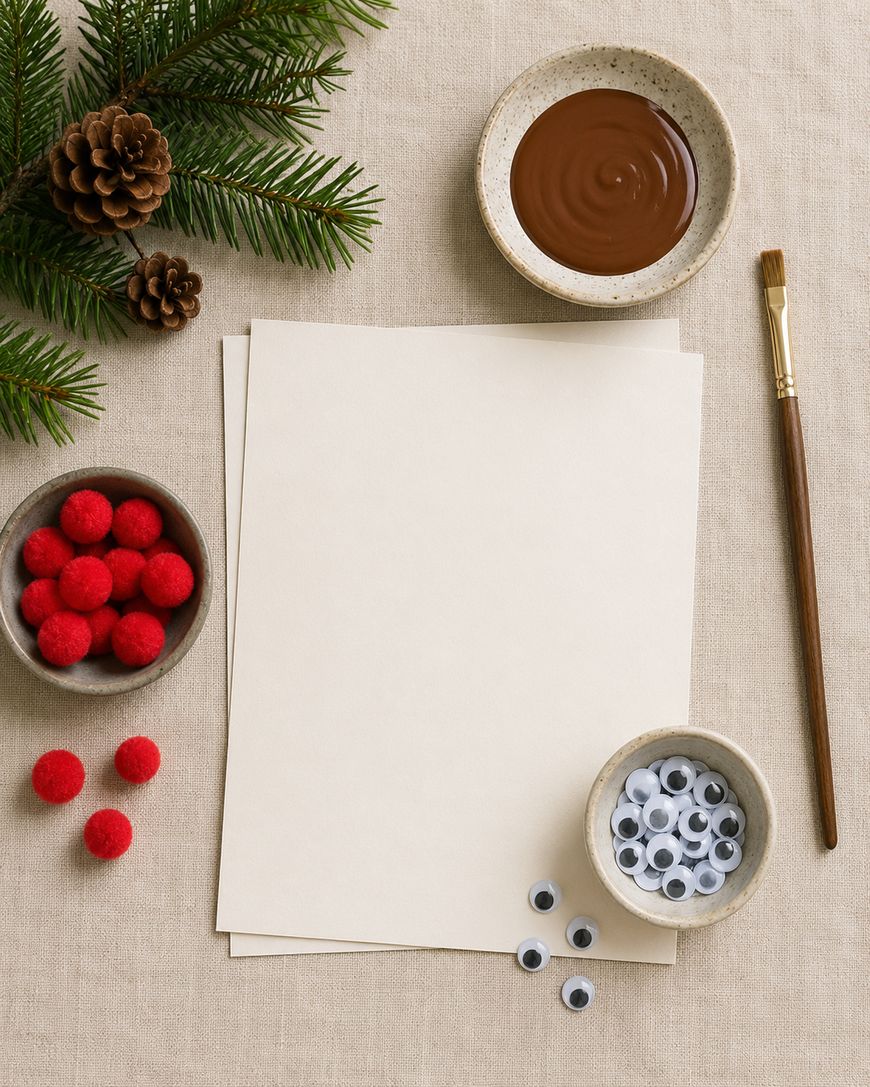 Two blank sheets of paper with craft supplies: red pom-poms, googly eyes, brown paint in a bowl, a paintbrush, pine cones, and pine branches arranged on a beige surface.