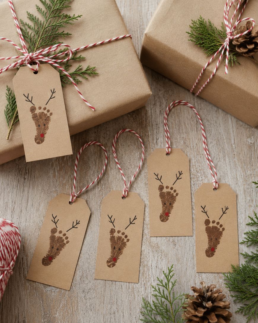 Five gift tags with reindeer designs made from brown footprints and hand-drawn antlers are arranged on a wooden surface near wrapped gifts, pinecones, and greenery.