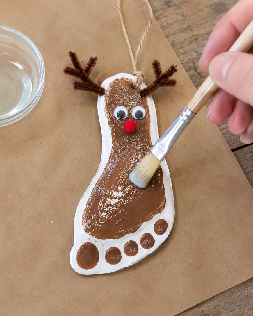 A hand brushes clear glaze on a reindeer ornament shaped like a footprint with googly eyes, a red nose, and pipe cleaner antlers, lying on brown paper next to a small bowl.