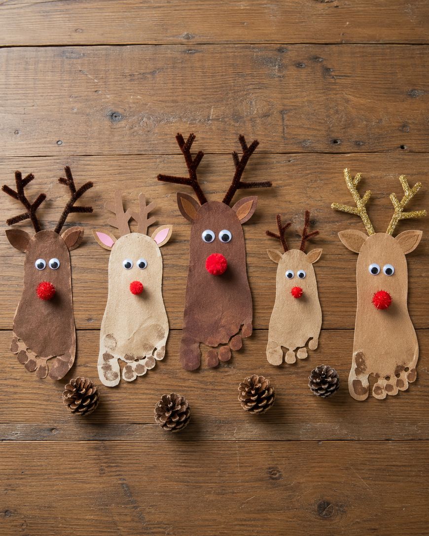 Four reindeer crafts made from painted footprints with googly eyes, red pom-pom noses, and antlers, are displayed on a wooden surface with pinecones in front of them.