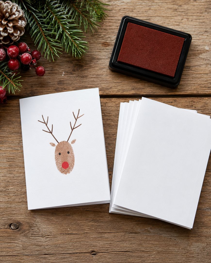 A stack of blank cards sits on a wooden table next to one card with a reindeer face design, made using a red ink pad. Pine branches and berries are in the corner.