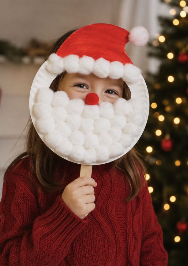 A child in a red sweater holds a Santa mask made of cotton balls and paper. A decorated Christmas tree with lights is in the background.