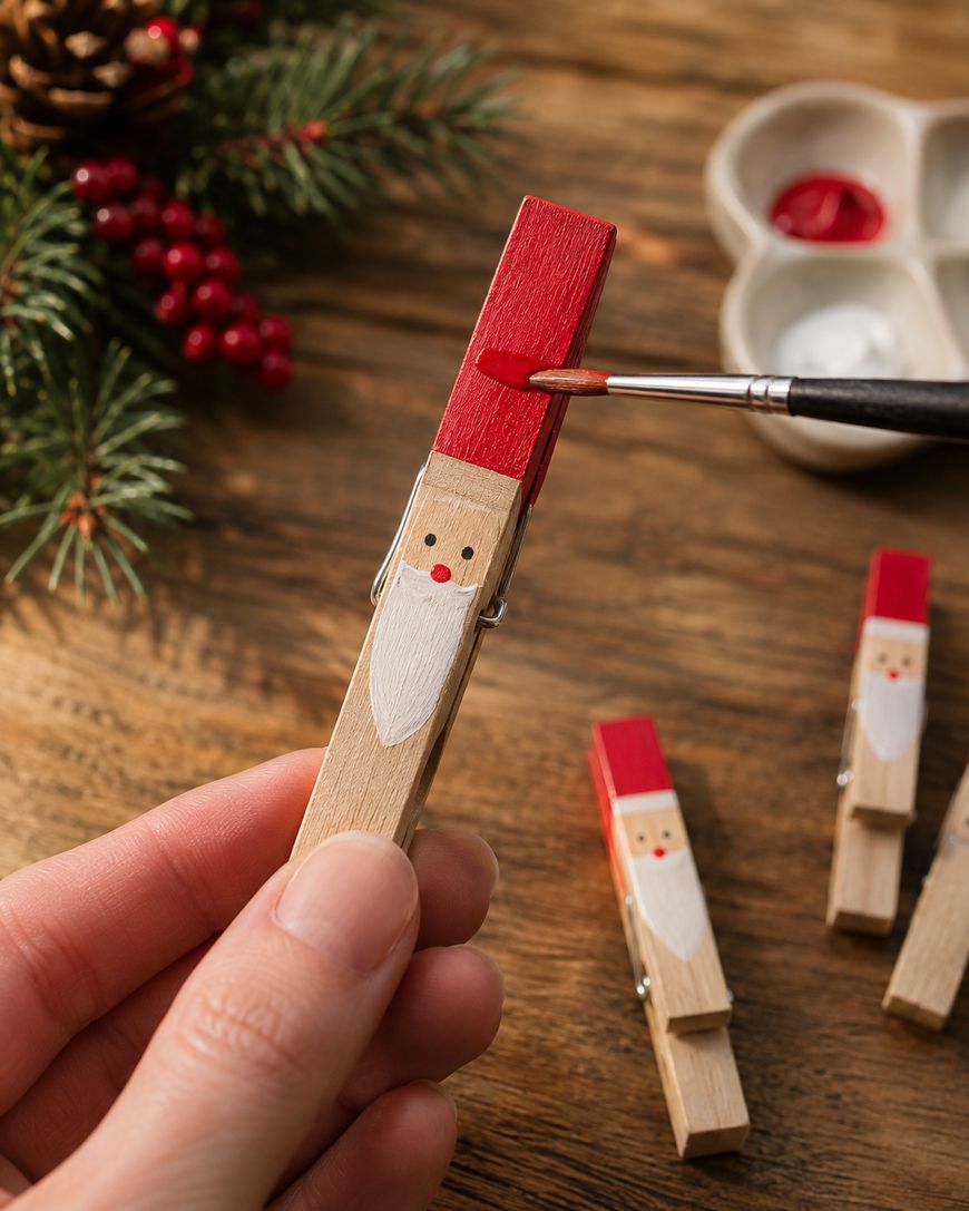 A hand paints the top of a clothespin red to resemble a Santa hat. Finished Santa clothespins and Christmas decorations are visible on a wooden table.