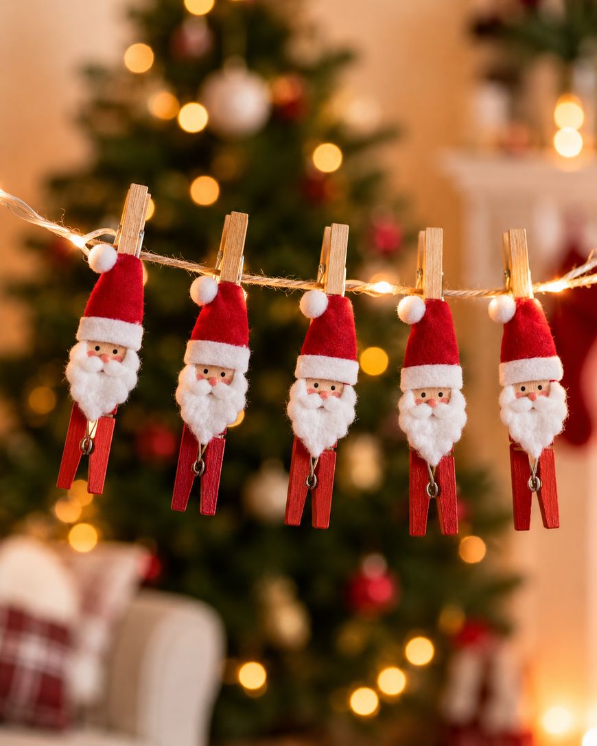 Five clothespins decorated as Santa Claus hang on a string with lights, with a blurred Christmas tree and festive indoor setting in the background.